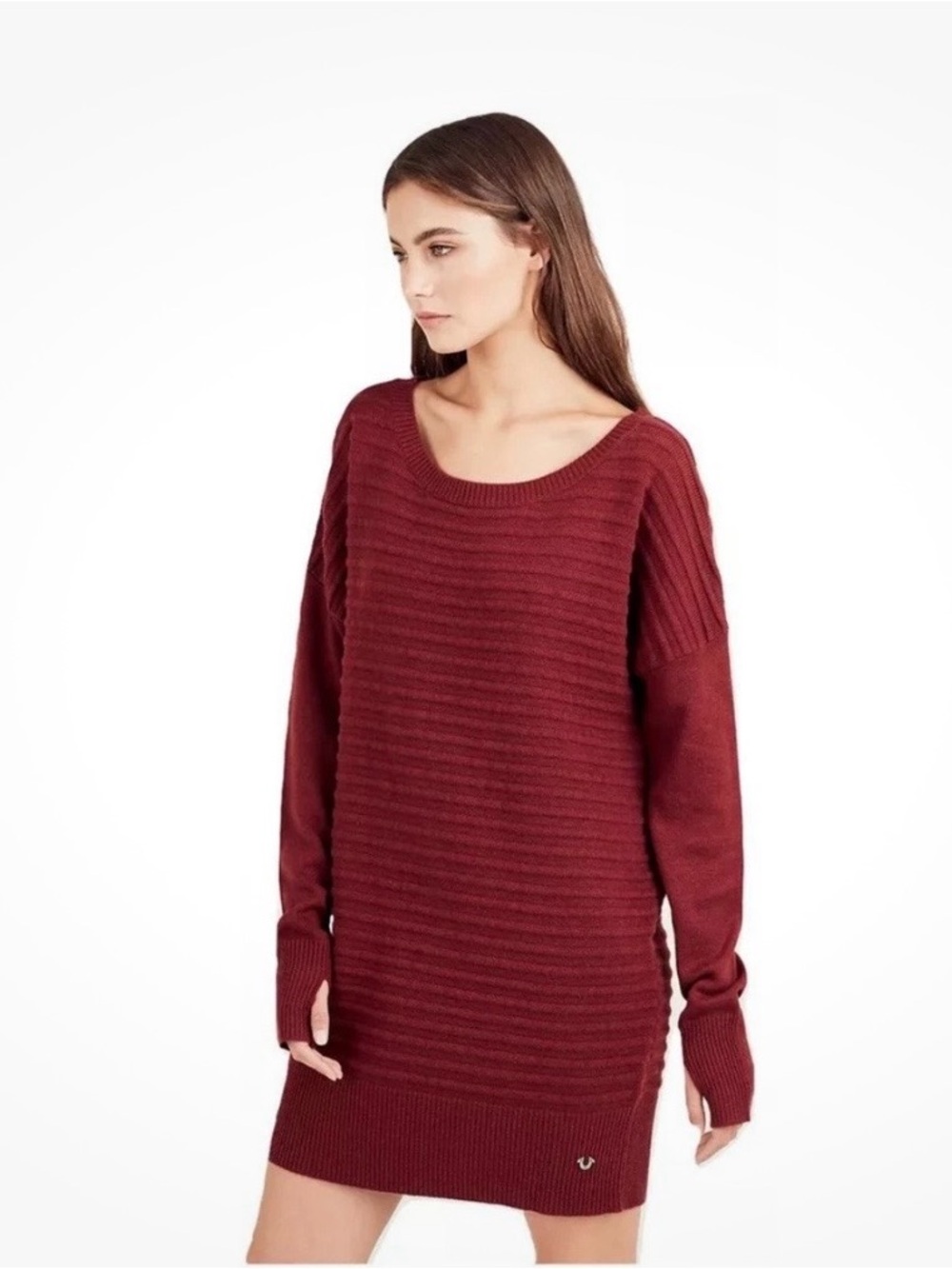 True Religion Ox Blood Dolman Tunic Sweater Dress Burgundy Ribbed Womens Large